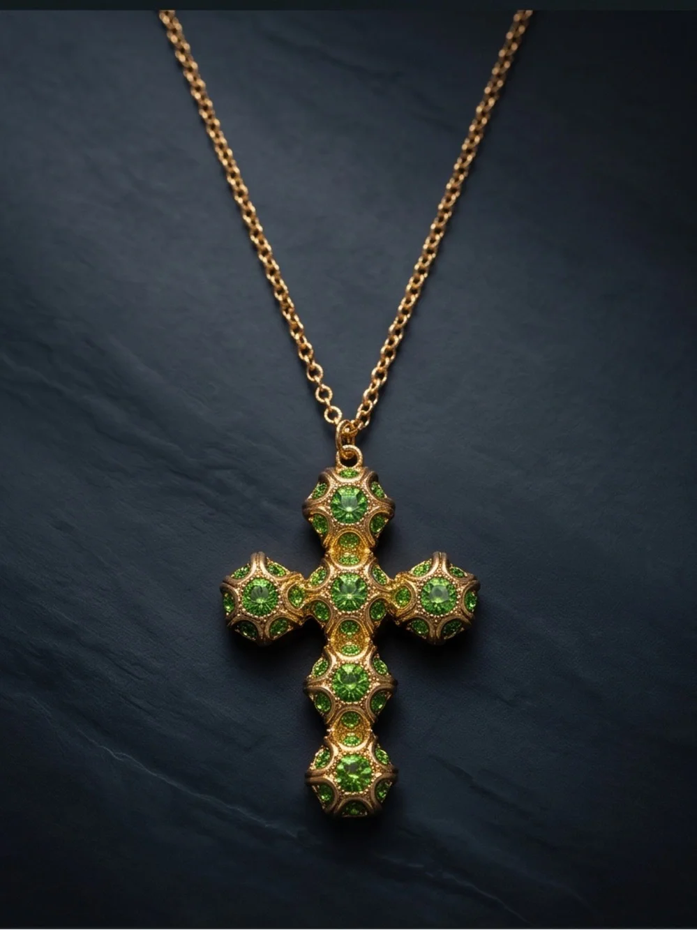 Gold Cross Necklace with Green Crystal Accents